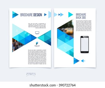 Set of Business brochure template layout, cover design annual report, magazine, flyer or booklet in A4 with blue green dynamic triangular geometric shapes on white background. Vector Illustration.