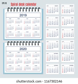 Set of business calendar for desk year 2019 with 12-month isolated pages and  full calendar year 2019, 2020. English language. Week starts on Sunday. eps 10