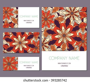 Set of business card, banner and invitation card templates with mandala ornament. Vector background. Indian, Arabic, Islam motifs. Vintage design elements