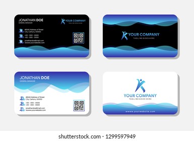 set of business card with blue until purple gradient color. identity card with black and white basic background. the concept of stationary card is abstract wave. letter k logo like a human
