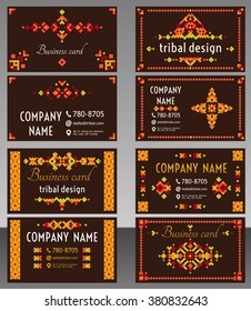 Set of business card with bright tribal geometric ornament. Vector background. Oriental motifs. Modern design elements with text template.