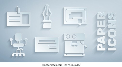 Set Business card, Certificate template, Office chair, Coffee machine, Fountain pen nib and Identification badge icon. Vector