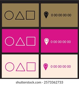 A set of business card designs featuring minimalist geometric shapes (circle, triangle, square) in bold color schemes of gold, pink, and cream with black accents. Modern and stylish