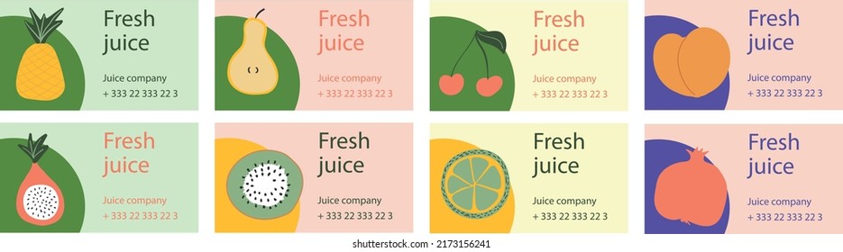 Set of business card with fruits. flat design templates. Vector illustration with hand drawn tropical summer fruit.