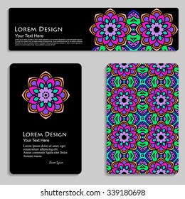 set of business card and header templates with hand drawn tribal ornament, mandala, for greeting, invitation card, or cover. Vector illustration