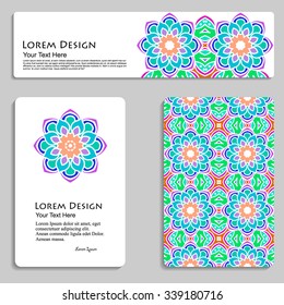 set of business card and header templates with hand drawn tribal ornament, mandala, for greeting, invitation card, or cover. Vector illustration