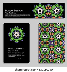 set of business card and header templates with hand drawn tribal ornament, mandala, for greeting, invitation card, or cover. Vector illustration
