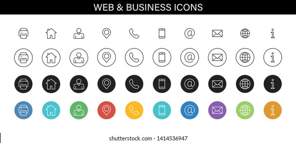 Set of Business Card icons. Name, phone, mobile, location, place, mail, fax, web. Contact us, information, communication. Vector illustration.