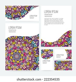 Set of business card and invitation card templates with lace ornament. Vector background. Indian, Arabic, Islam motifs. Vintage design elements. Wedding or save the date hand drawn background. 