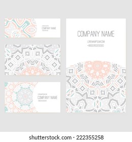 Set of business card and invitation card templates with lace ornament. Vector background. Indian, Arabic, Islam motifs. Vintage design elements. Wedding or save the date hand drawn background. 