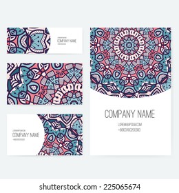 Set of business card and invitation card templates with lace ornament. Vector background. Indian, Arabic, Islam motifs. Vintage design elements. Wedding or save the date hand drawn background. 