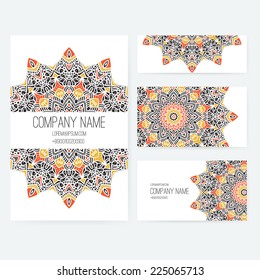 Set of business card and invitation card templates with lace ornament. Vector background. Indian, Arabic, Islam motifs. Vintage design elements. Wedding or save the date hand drawn background. 