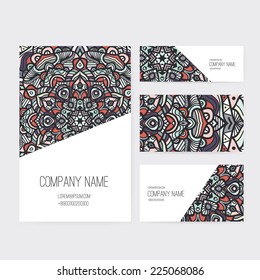 Set of business card and invitation card templates with lace ornament. Vector background. Indian, Arabic, Islam motifs. Vintage design elements. Wedding or save the date hand drawn background. 