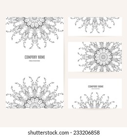 Set of business card and invitation card templates with lace ornament. Vector background. Indian, Arabic, Islam motifs. Vintage design elements. Wedding or save the date hand drawn background.