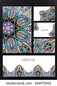 Set of business card and invitation card templates with lace ornament. Vector background. Indian, Arabic, Islam motifs. Vintage design elements. Wedding or save the date hand drawn background.