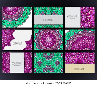 Set of business card and invitation card templates with lace ornament. Vector background. Indian, Arabic, Islam motifs. Vintage design elements. Wedding or save the date hand drawn background.