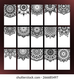 Set of business card and invitation card templates with lace ornament. Vector background. Indian, Islam, Arabic, ottoman motifs. Vintage design elements, or save the date hand drawn background.