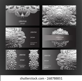 Set of business card and invitation card templates with lace ornament. Vector background. Indian, Arabic, Islam motifs. Vintage design elements. Wedding or save the date hand drawn background.