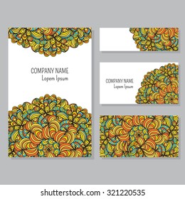 Set of business card and invitation card templates with lace ornament. Vector background in  Indian, Arabic style. Wedding or save the date hand drawn background with doodle hand drawn elements.