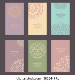 Set of business card and invitation card templates with lace ornament. Vector background. Indian, Islam, Arabic, ottoman motifs. Vintage design elements, or save the date hand drawn background.