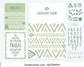 Set of business card and invitation card templates with ethnic ornament. Set of hand hand-drawn fonts and design elements. Indian, Arabic, Islam motifs. Wedding or save the date hand drawn background