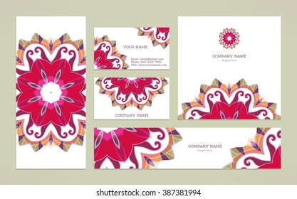 Set  business card with mandala. Free place for your text. Template for flyer, banners,  invitation, sale coupon, gift, certificate. Vintage decorative elements.