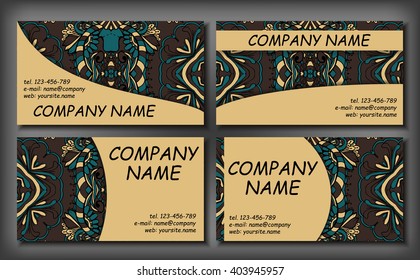 Set of business card template, abstract elegant pattern vector design editable. Hand drawn background. Islam, Arabic, Indian, ottoman motifs.