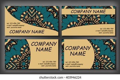 Set of business card template, abstract elegant pattern vector design editable. Hand drawn background. Islam, Arabic, Indian, ottoman motifs.