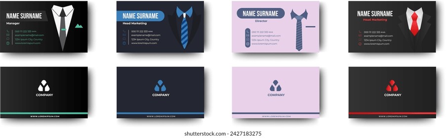 Set of Business card template design with office suit concept. Contact card for company. Two sided name card isolated background. Vector illustration.