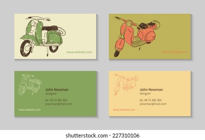 Set of business card template designs. Editable design with hand drawn retro scooters. Proportionally: 50x90 mm