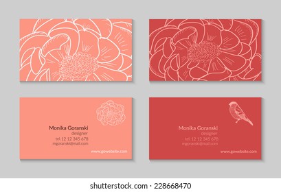 Set of business card template designs. Bright, fresh editable design with hand drawn elements: peonies and birds. Proportionally: 50x90 mm