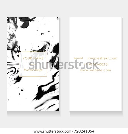 Set of Business card template set. Elegant, abstract branding with marble texture and golden frame with place for text. Vector design for decorators, artists, fashion bloggers, stylists