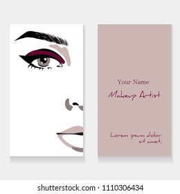 Set business card template for makeup artist. Beautiful woman portrait with eyeliner make up fashion illustration. Beauty makeup artist business card concept. Hand drawn graphic in watercolor style