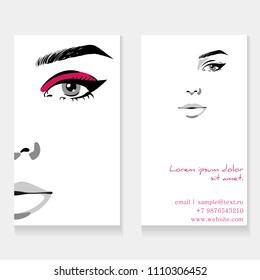 Set business card template for makeup artist. Beautiful woman portrait with eyeliner make up fashion illustration. Beauty makeup artist business card concept. Hand drawn graphic in watercolor style