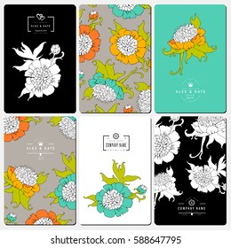 Set of business card template and wedding flyers with peony.
