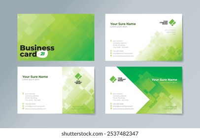 Set of business card templates with abstract random transparent white rectangle on white and green background