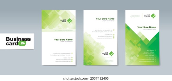 Set of business card templates with abstract random transparent white rectangle on white and green background