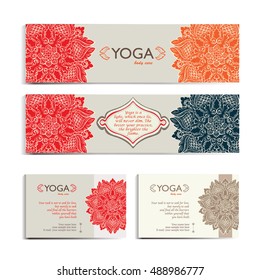 Set of business card templates with background mandala pattern. Concept for yoga centers, beauty salon, spa, flyer, banner, card, vector illustration.