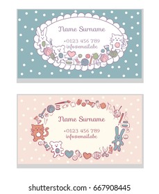 Set of business card templates Hand made toys. Cute doodles of sewing and craft supplies on blue and pink dot background.