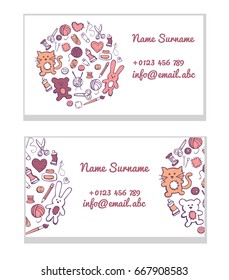 Set of business card templates Hand made toys. Cute doodles of sewing and craft supplies in brown, orange and pink colors in circle concept on white background.