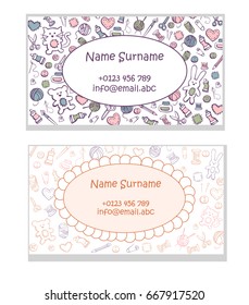 Set of business card templates Hand made toys. Cute pattern with doodles of sewing and craft supplies in brown, orange, pink, green and blue colors with place for your text and data.