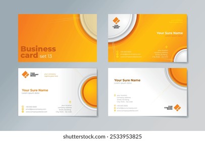 Set of business card templates with an illustration of a small orange circle in the corner on an orange and white background