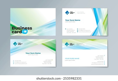 Set of business card templates with illustrations of randomly stacked transparent blue and green triangles on a blue and white background