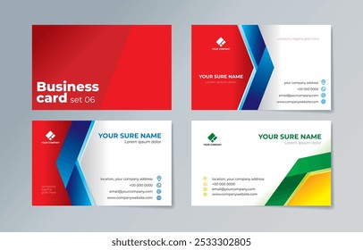 Set of business card templates with simple folded ribbon blue and green on white background
