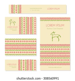 Set of business card templates with a stylized horse (as an emblem) and tribal geometric pattern with triangles and archaic symbols of the sun. Bright and fresh ethnic colors. 