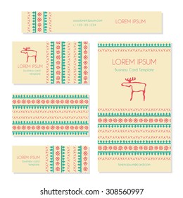 Set of business card templates with a stylized moose (as an emblem) and tribal geometric pattern with triangles and archaic symbols (sun, runes). Bright and fresh ethnic colors. 