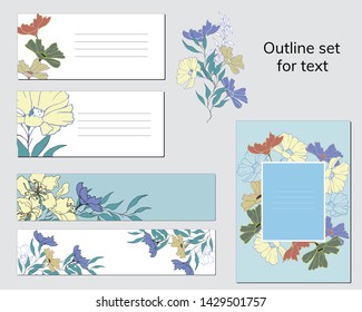 Set of business card templates and text frames with floral pattern. Natural ornament of painted flowers in retro style for advertising, posters, advertisements. Vector illustration.