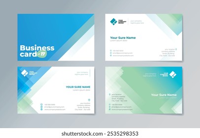 A set of business card templates with transparent blue-green triangle illustrations stacked randomly on a blue-green and white background