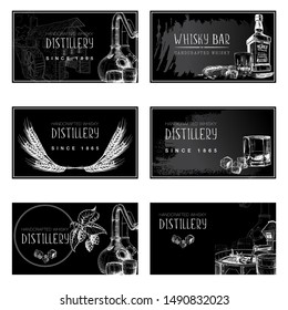 Set of business card templates for the whisky related businesses. Black and white sketch imitating chalk drawing on a blackboard. EPS10 vector illustration.