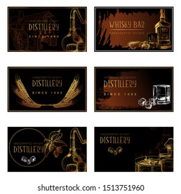 Set of business card templates for the whisky related businesses. Black and white sketch imitating chalk drawing on a blackboard. EPS10 vector illustration.